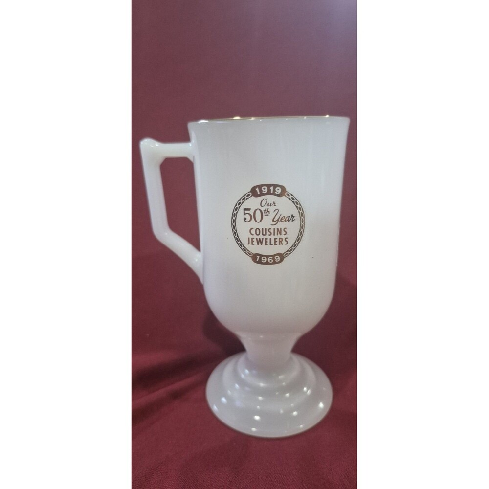 Cousins Jewelers Milk Glass 50th Anniversary Glass 1919 - 1969 Gold Trimmed EUC